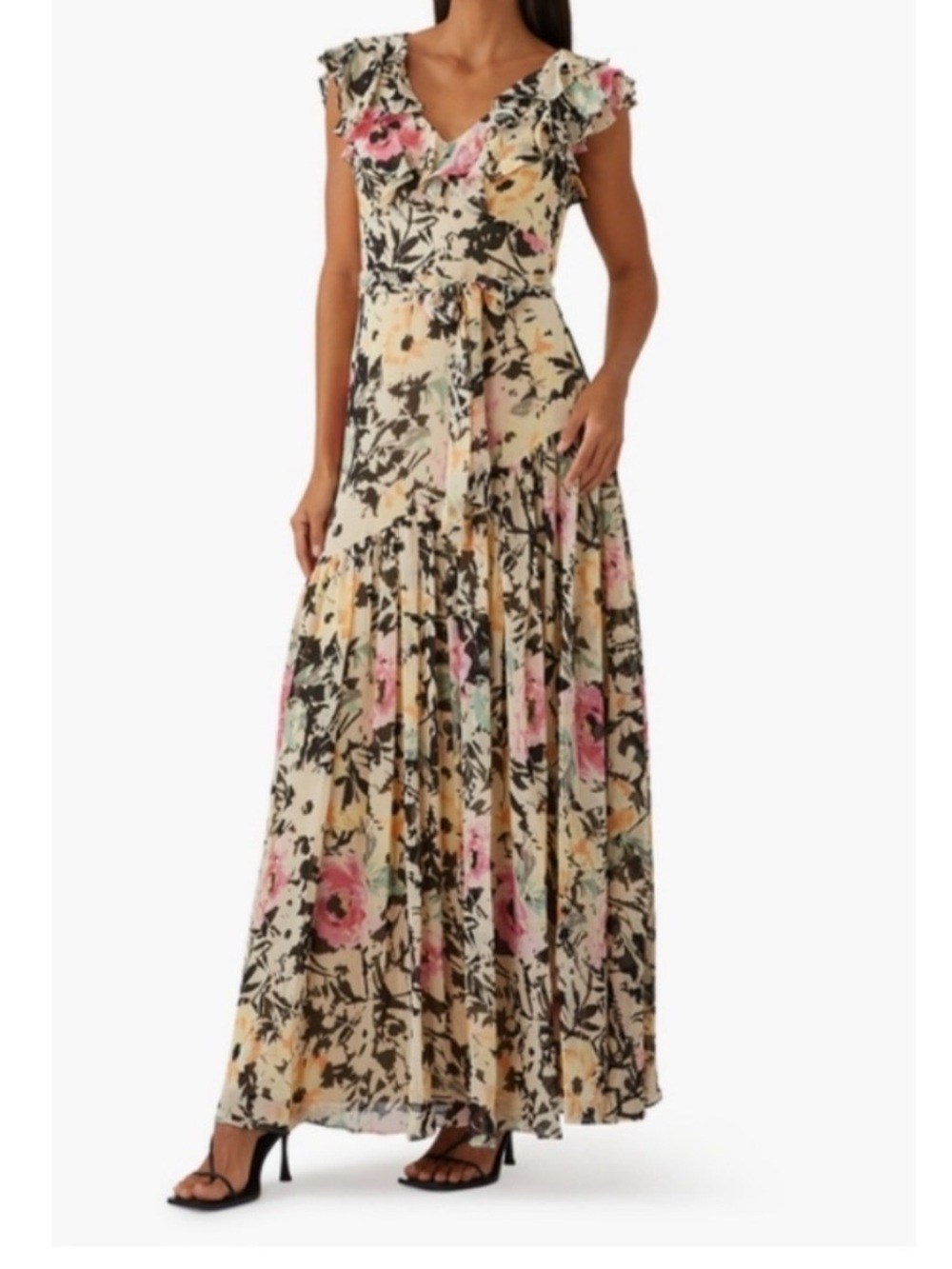 Ralph Lauren Floral Chiffon Gown Maxi Dress Cream with Pink Floral Print 10 - Picture 2 of 16
